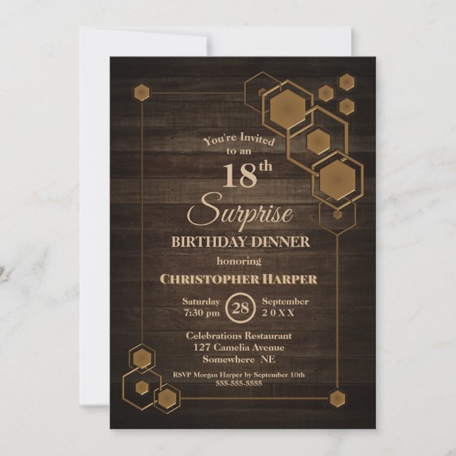 Invitation Rustic Wood Surprise 18e anniversaire Dîner fête (Devant)