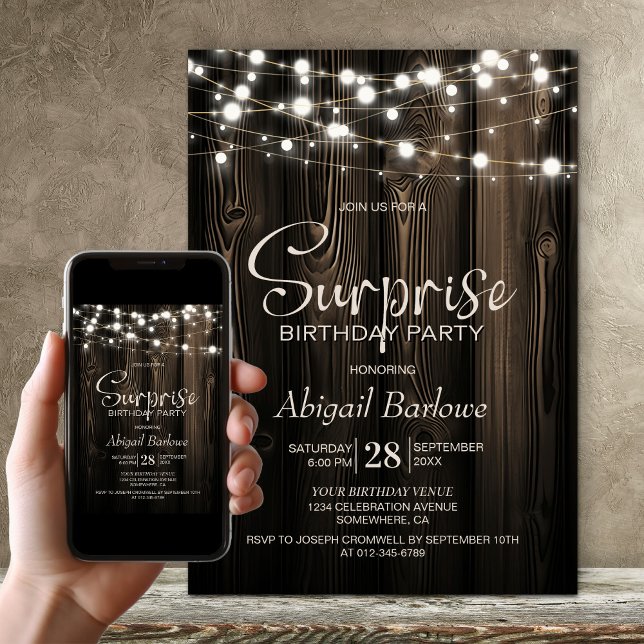 Invitation Rustic Wood Surprise fête d'anniversaire (Créateur téléchargé)