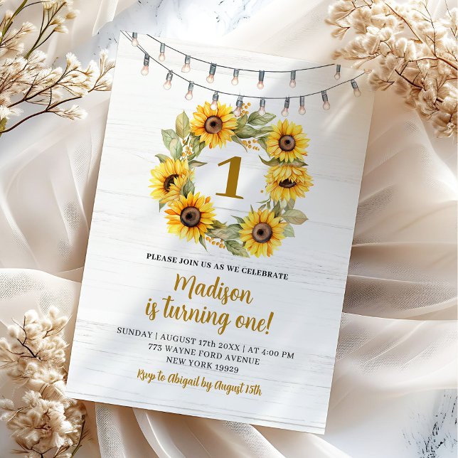 Invitation Rustic Woods Tournesol premier anniversaire (Créateur téléchargé)