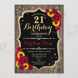 Invitation Rustique 21e anniversaire - Rose Sunflower Wood
