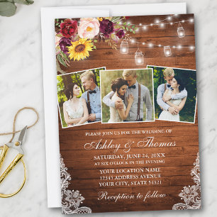 Invitation Rustique 3 Photo Mixte Floral Jar Lumières Mariage