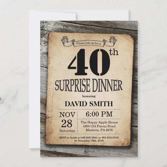 Invitation Rustique 40ème Surprise Anniversaire Dîner Bois Vi (Devant)
