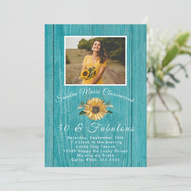 Invitation Rustique 50 et fabuleux | Tournesol Turquoise Anni (Debout devant)
