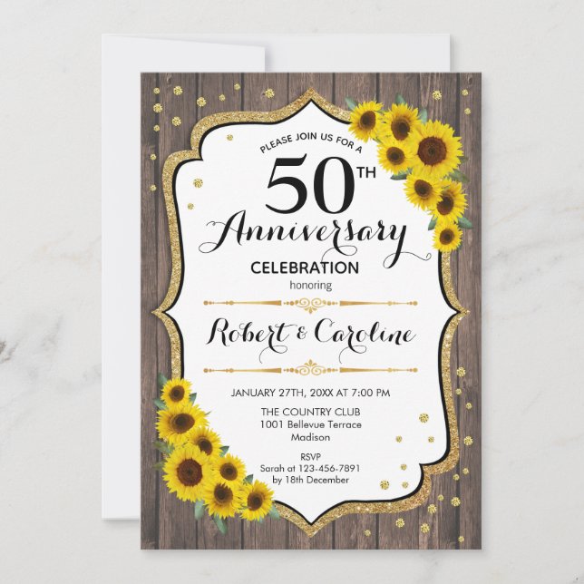 Invitation Rustique 50e Anniversaire - Tournesols Bois Or (Devant)