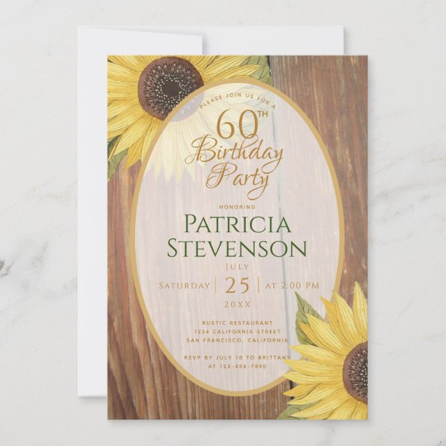 Invitation Rustique 60e fête d'anniversaire tournesols bois F (Devant)