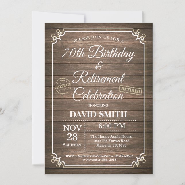 Invitation Rustique 70e anniversaire et parti de retraite (Devant)