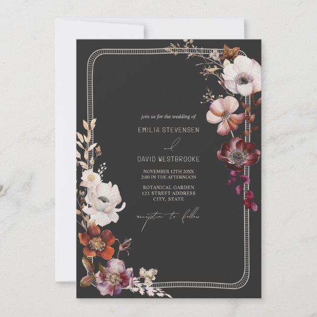 Invitation Rustique Anémone main tiré à la frontière Mariage  (Devant)