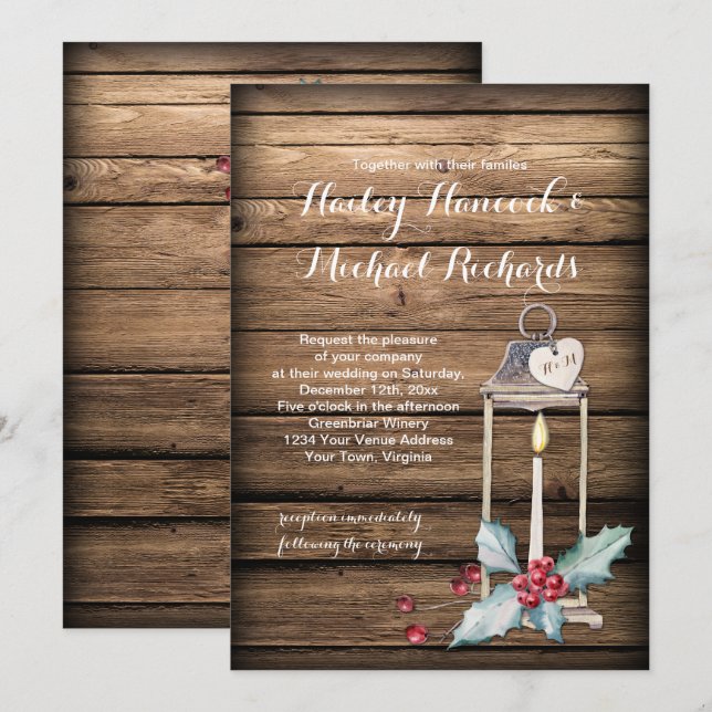 Invitation Rustique Antique Lanterne Holly Mariage de Noël (Devant / Derrière)