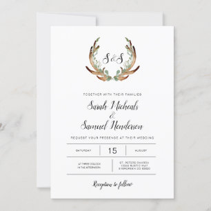 Invitation Rustique Antler & Dark Greenery Mariage aquarelle