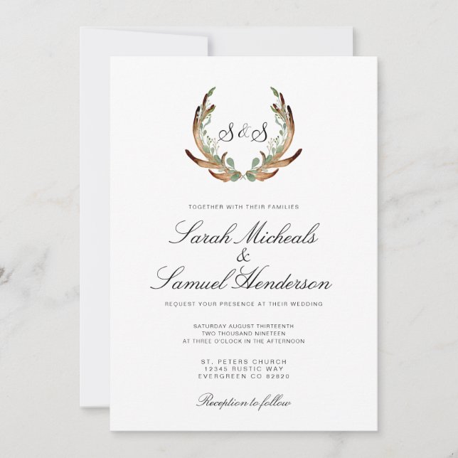 Invitation Rustique Antler | Formel | Mariage de verdure fonc (Devant)