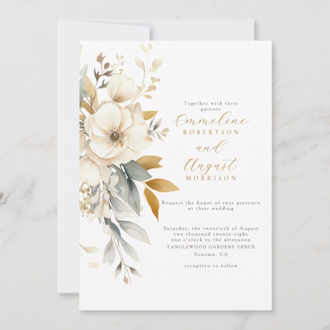 Invitation Rustique Aquarelle Boho Blanc Floral Mariage (Devant)
