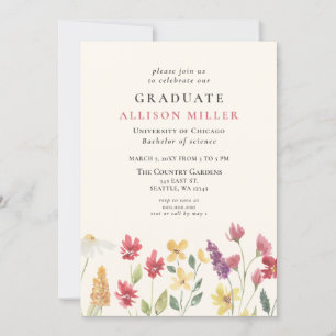 Invitation Rustique aquarelle Boho Fleurs sauvages Graduation