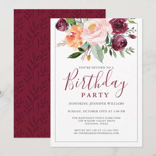 Invitation Rustique aquarelle bouquet floral fête d'anniversa (Devant / Derrière)