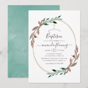 Invitation Rustique aquarelle de verdure hiver baptême