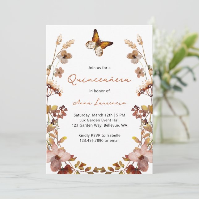 Invitation Rustique Aquarelle Fleur sauvage papillon Quincean (Debout devant)