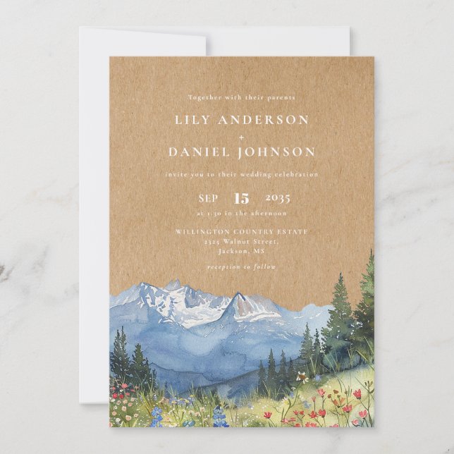 Invitation Rustique aquarelle Mountain Floral QR Code Mariage (Devant)