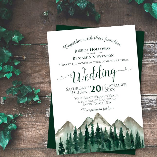 Invitation Rustique Aquarelle Pine Arbres & Montagnes Mariage (In Situ Front/Back)