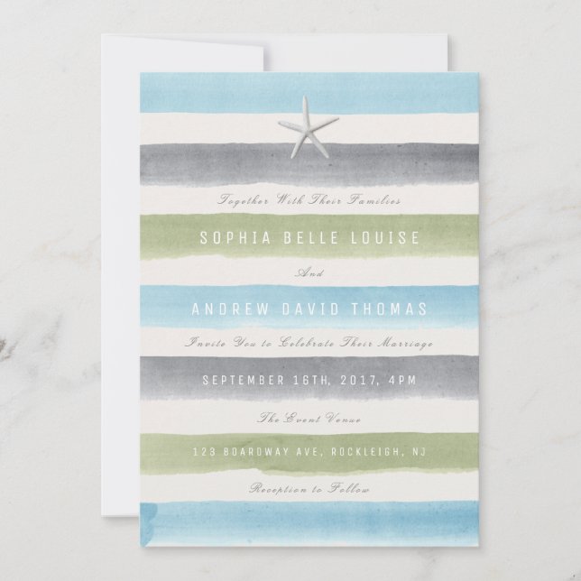 Invitation Rustique aquarelle rayures nautique mariage plage  (Devant)