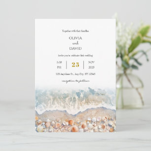 Invitation Rustique Aquarelle Shell White Sandy Beach Mariage