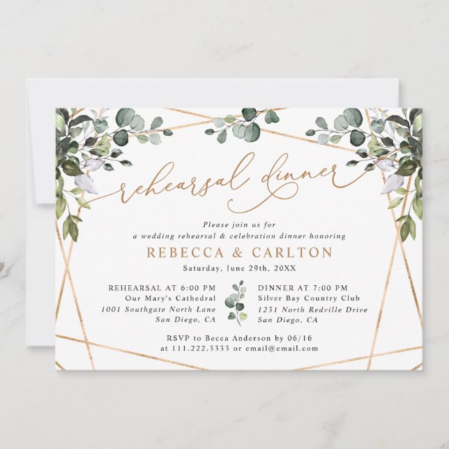 Invitation Rustique Aquarelle Verdure Répétition Or Dîner (Devant)