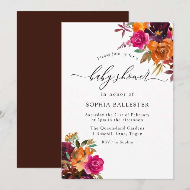 Invitation Rustique Automne Automne Aquarelle Baby shower Flo (Devant / Derrière)