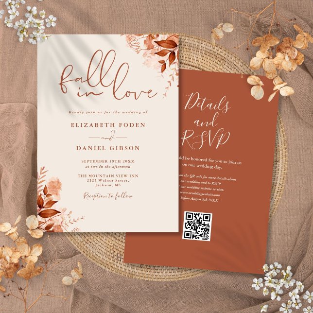 Invitation Rustique Automne automne Floral QR Code Mariage (Rustic Autumn Fall Floral QR Code Wedding Invitation)