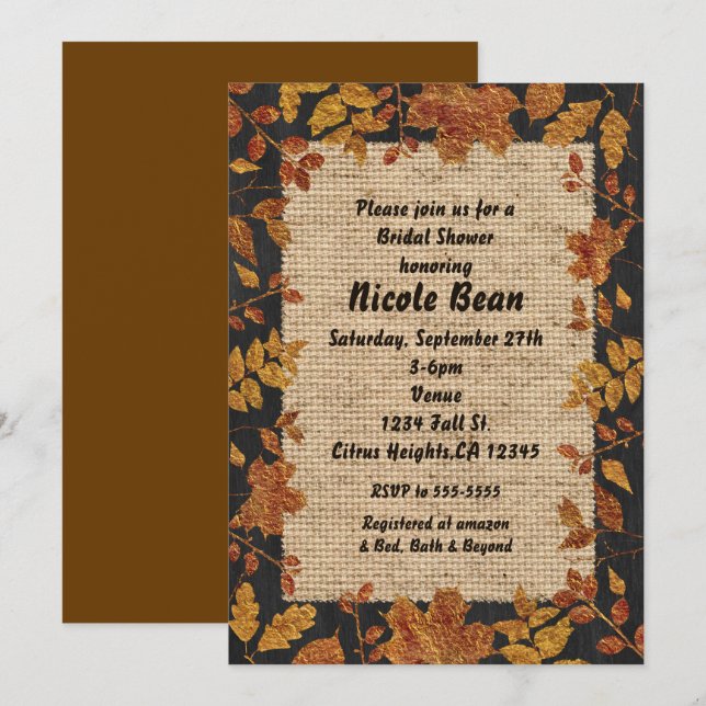 Invitation Rustique Automne Automne Tone d'or Feuilles & Burl (Devant / Derrière)