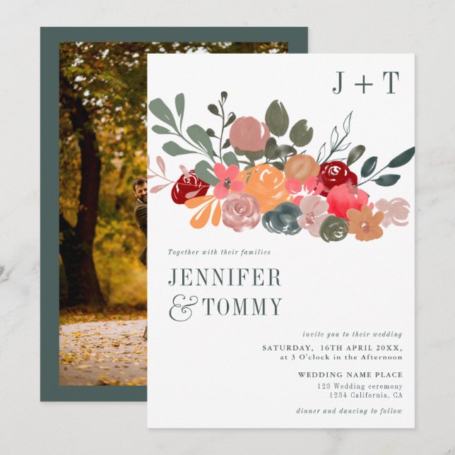Invitation Rustique automne bordeaux vert mariage photo (Devant / Derrière)