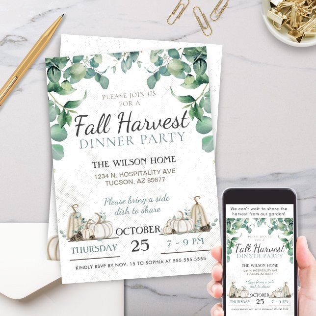 Invitation Rustique Automne Citrouille Dîner de verdure (Elegant Simple Rustic Charm Fall Autumn White Pumpkin Greenery Dinner Party Thanksgiving Invitation)