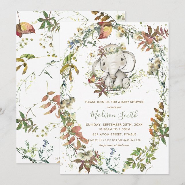 Invitation Rustique Automne Elephant Genre Baby shower neutre (Devant / Derrière)