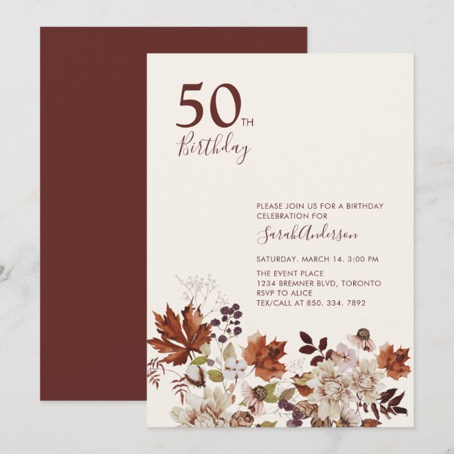 Invitation Rustique Automne Floral Adulte Jalon Anniversaire (Devant / Derrière)