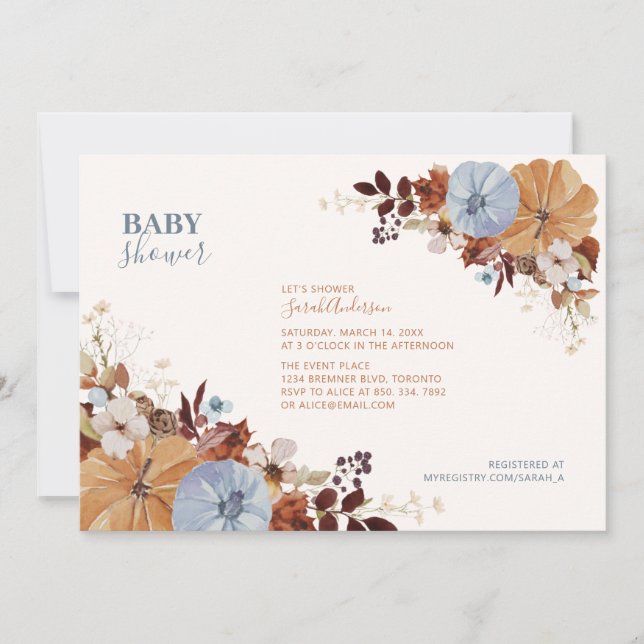 Invitation Rustique Automne Floral Blue Baby shower Invitatio (Devant)