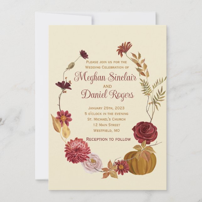 Invitation Rustique Automne Floral Citrouille Mariage (Devant)
