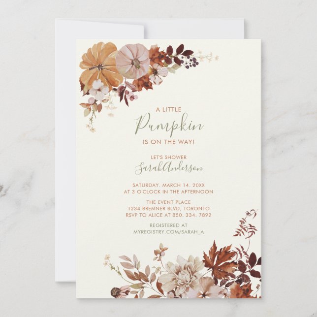 Invitation Rustique Automne Floral Citrouille Sage Baby showe (Devant)
