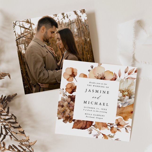 Invitation Rustique Automne Floral Frame Carré Photo Mariage (Créateur téléchargé)