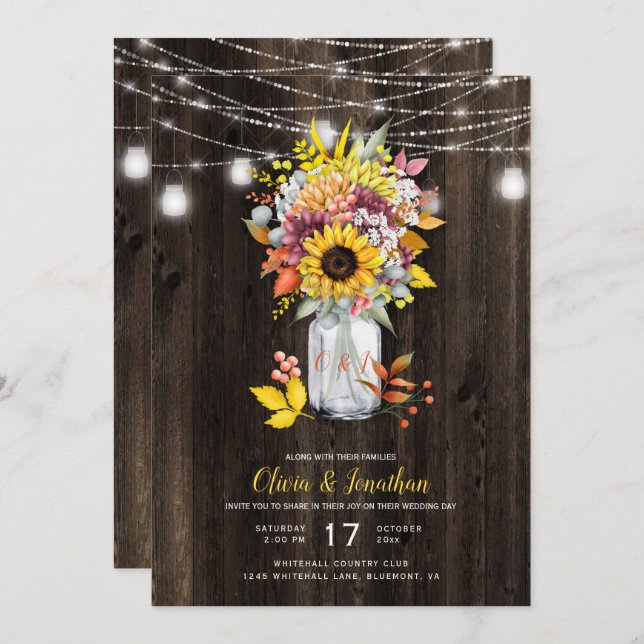 Invitation Rustique Automne Floral Mason Jar Barn Mariage en  (Devant / Derrière)