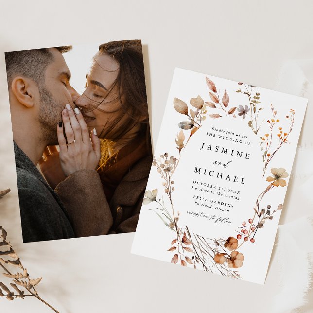 Invitation Rustique Automne Floral Wreath Photo Mariage (Créateur téléchargé)