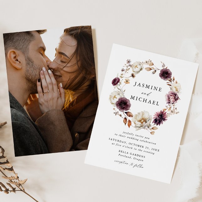 Invitation Rustique Automne Floral Wreath Photo Mariage (Créateur téléchargé)