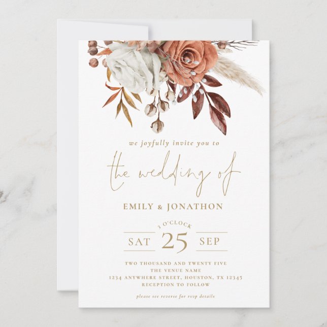 Invitation Rustique Automne Florals Gold Texte QR Mariage (Devant)