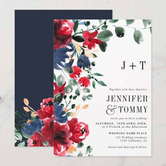 Invitation Rustique automne hiver rouge marine bleu floral ma (Devant / Derrière)