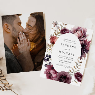 Invitation Rustique Automne Marsala Floral Frame Photo Mariag