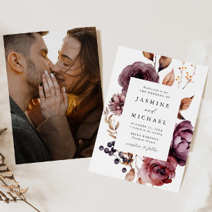 Invitation Rustique Automne Marsala Floral Frame Photo Mariag