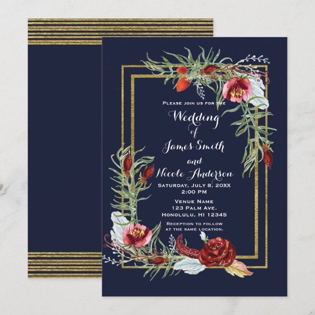 Invitation Rustique Automne Marsala Floral Marine Mariage ble (Devant / Derrière)