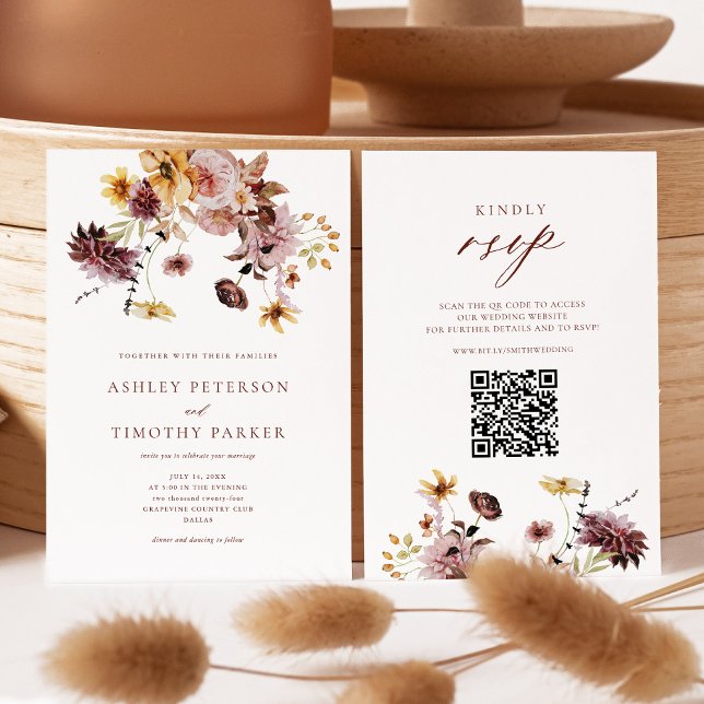 Invitation Rustique Automne Terracotta Floral QR Mariage (Créateur téléchargé)