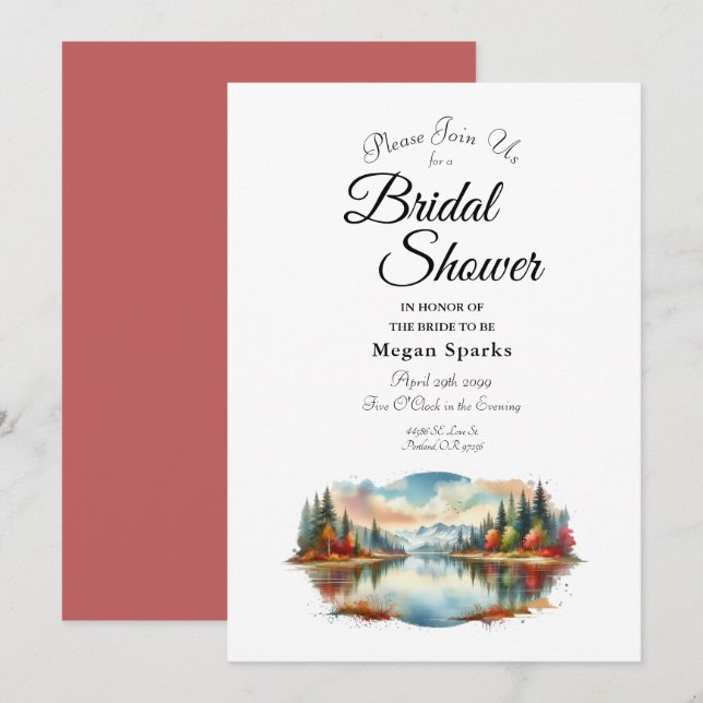 Invitation Rustique Autumn Lakeside Forêt Fête des mariées (Devant / Derrière)