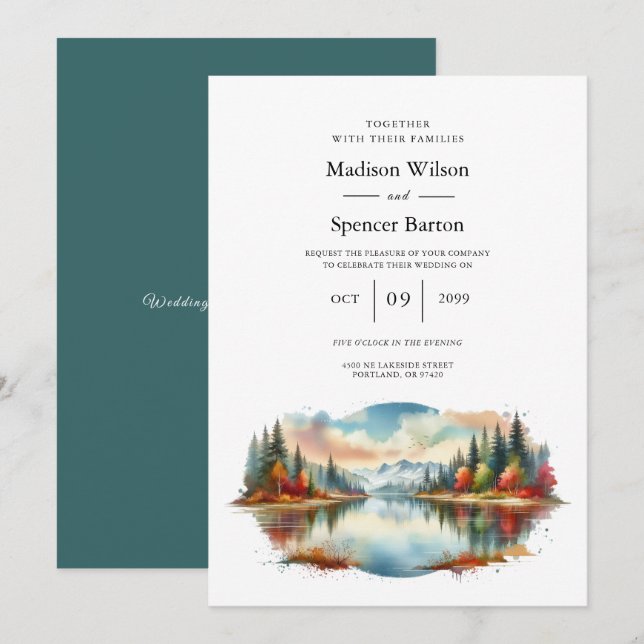 Invitation Rustique Autumn Lakeside Mariage forestier (Devant / Derrière)