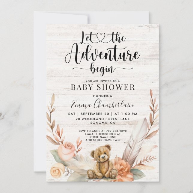 Invitation Rustique Baby shower douche aventure commence (Devant)