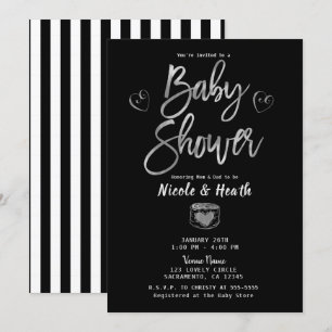 Invitation Rustique Baby Shower Noir Blanc Rayures & Argent