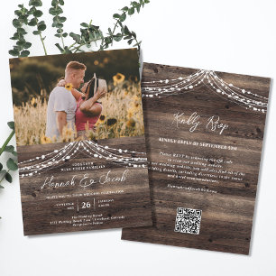 Invitation Rustique Barne Bois Chaîne Lumière QR Code RSVP Ma
