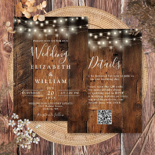 Invitation Rustique Barne Bois Mariage Lumières de chaîne QR 